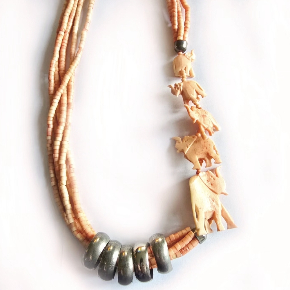 Vintage elephant necklace pink peach silver tone boho bohemian tribal